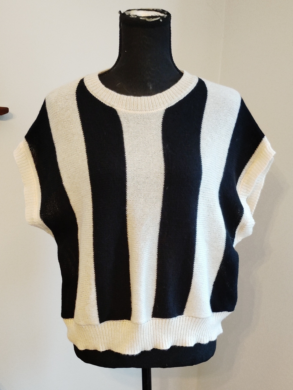 Black and Cream Striped Knit Sweater Vest